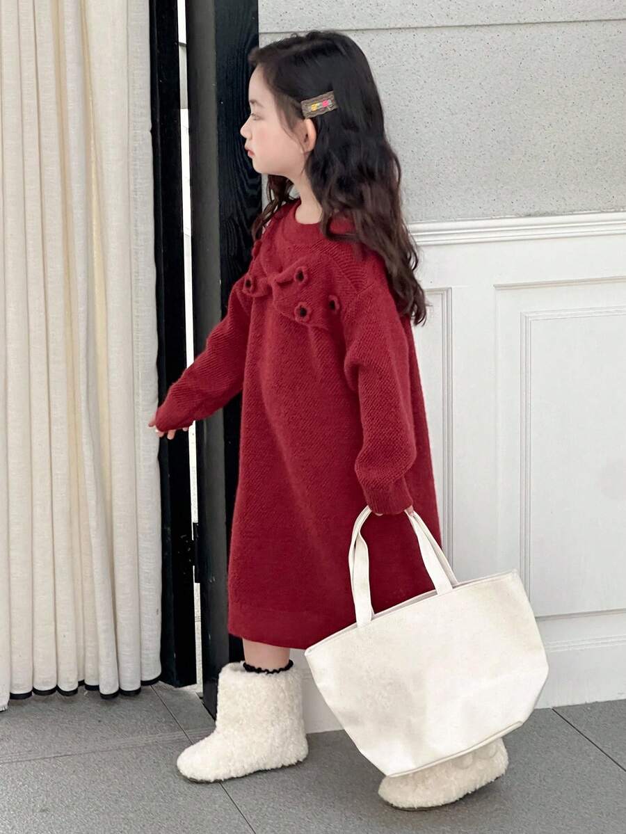 DAZY Young Girl Knitted Sweater Dress Fall, Winter - Red - View 1