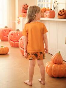 2pcs Halloween Funny Ghost Face Pumpkin Print T-Shirt & Shorts Set,Family Matching Pajamas For Girls & Toddlers,Summer Orange Trick Or Treat Clothing - Orange - View 2