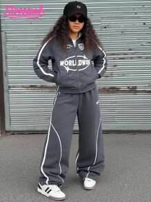 SHEIN Explorewe 2pcs Tween Girls ME Loose Casual Sports Graphic Print Jacket & Contrast Stripe Pants Set,Dark Grey Autumn Cow Boy School Back-To-School Street Style - Dark Grey - View 1