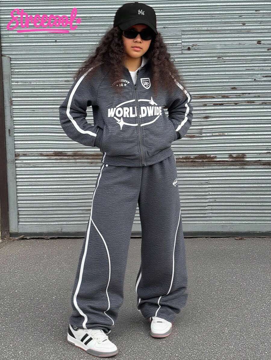 SHEIN Explorewe 2pcs Tween Girls ME Loose Casual Sports Graphic Print Jacket & Contrast Stripe Pants Set,Dark Grey Autumn Cow Boy School Back-To-School Street Style - Dark Grey - View 1