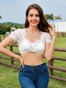 Firerie 女士优雅蕾丝边透视短款上衣、连衣裙 - 白色 - 查看 10