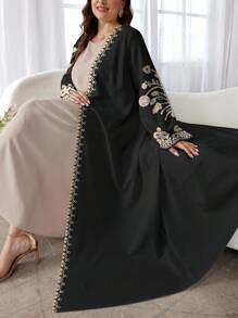 SHEIN Najma Plus Size Women's Floral Print Long Sleeve Casual Arabic Abaya Robe, Spring/Autumn Black Abaya Dress Modest Open Abaya - Multicolor - View 3