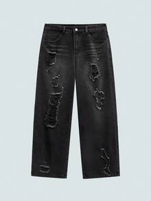 Quần jeans MODCRASH 1 chiếc thiết kế rách Justice Brother, kiểu dáng rộng rãi, thoải mái, phong cách đường phố Mỹ dành cho nam giới, quần denim đa năng, quần ống rộng, quần jeans rộng thùng thình, thích hợp cho mùa thu, đông, xuân đến hè, phong cách retro Mỹ, unisex, dáng rộng thoải mái – Phù hợp cho mặc hàng ngày và trang phục nghỉ hè. - màu đen - Xem 2