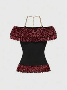 ROMWE J-Fashion Y2K Harajuku Gyaru Retro Leopard Print Rhinestone Metal Chain Halter Neck Ruffle Trim Bodycon Women T-Shirt - Burgundy - View 3