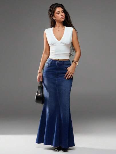 SHEIN Forever 21 Summer New Low Waist Mermaid Casual High Street Women Denim Maxi Skirt