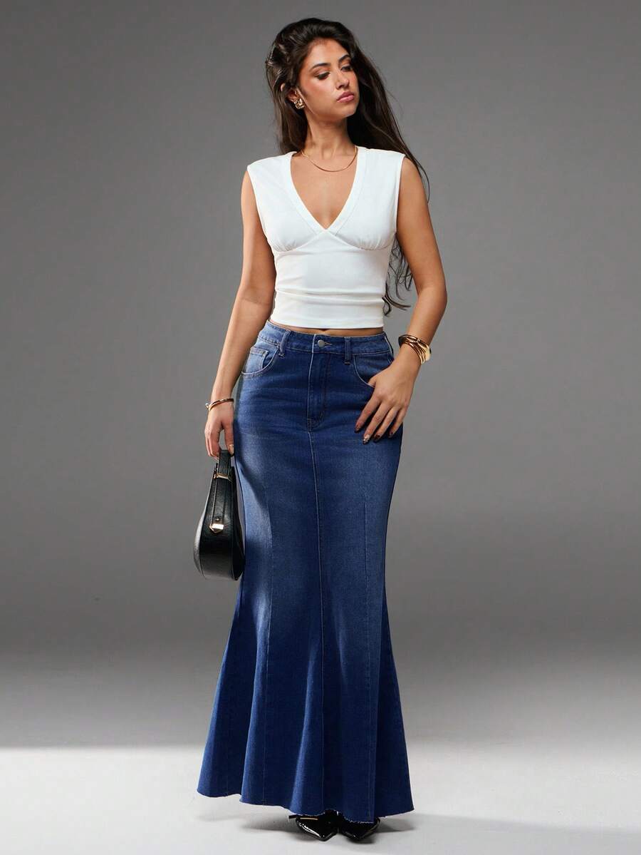 SHEIN Forever 21 Summer New Low Waist Mermaid Casual High Street Women Denim Maxi Skirt - Navy Blue - View 1