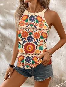 SHEIN LUNE 大码女式休闲碎花圆领吊带上衣，适合夏季度假和海滩穿着 - 彩色 - 查看 3