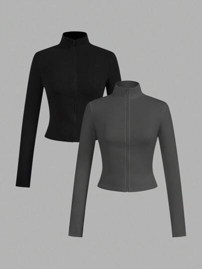 SHEIN EZwear Set de 2 camisetas de manga larga con cremallera de punto gris oscuro y negro para mujer, adecuadas para otoño/invierno