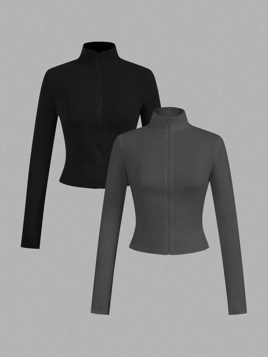 SHEIN EZwear 2 件套深灰色和黑色针织拉链长袖 T 恤女士，适合秋冬季 - 彩色 - 查看 1