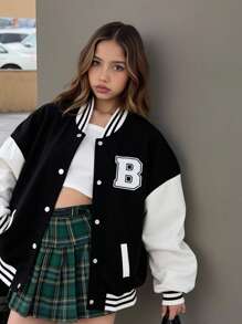 青少年女孩休闲字母拼布棒球夹克，适合上学和通勤，返校季 - 彩色 - 查看 1