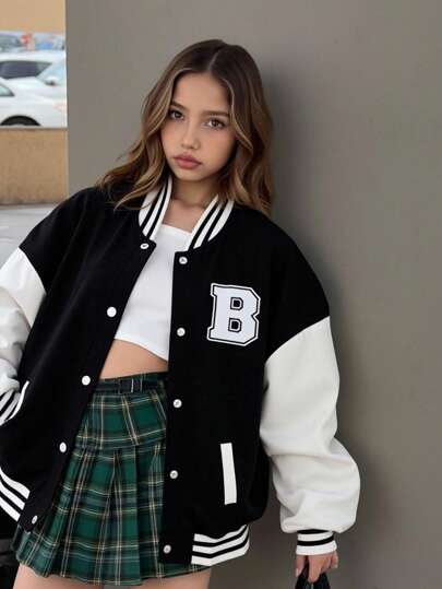 青少年女孩休闲字母拼布棒球夹克，适合上学和通勤，返校季
