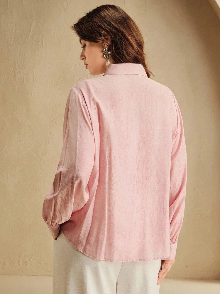 Plus Size Women Elegant Pink Patchwork Faux Pearl Beaded Collar Long Sleeve Single-Breasted Shirt