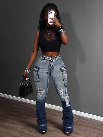 Slaydiva Women's Fashion Casual Skinny Stacked Moto Cargo Jeans