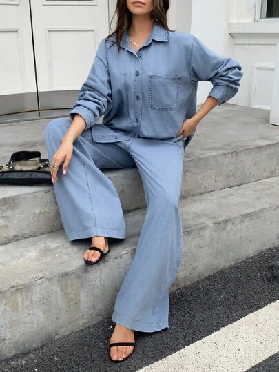 DAZY Casual Denim Fashion 2 Pieces Set For Women, Loose Long Sleeve Shirt And Wide Leg Pants, Autumn