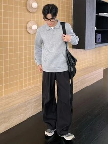 Mirajuku Áo nỉ cổ bẻ phong cách đại học thường ngày dành cho nam thiếu niên, thích hợp mặc đi học, thường ngày, thể thao - màu đen - Xem 3