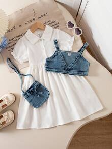 Young Girl Denim Camisole Top And Solid Color Bubble Hem Casual Dress Set With Bag - White - View 6