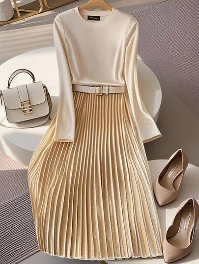 Franclia 女士丝绒修身打底衫搭配可调节皮带装饰丝绒褶皱A字裙，适合大学秋季穿着。这款秋装优雅时尚，休闲百搭，适合通勤、商务办公、日常休闲、气质都市、教师等各种场合。