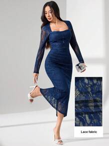 Modelyn Đầm midi tay dài cổ vuông phối ren ôm sát dành cho nữ - Xanh đậm - Xem 11