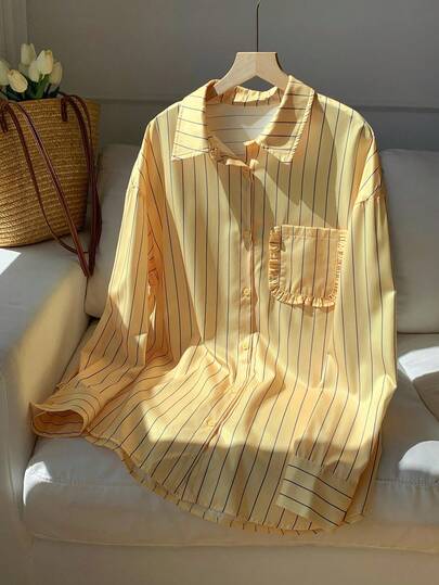 Comfortcana Women's New Butter Yellow Striped Loose Long Sleeve Shirt,Fall Clothes For Going Out Outfits, Back To School, Y2K Clothes