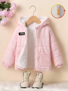 SHEIN 年轻女孩心形印花连帽棉服外套 - 粉色 - 查看 1