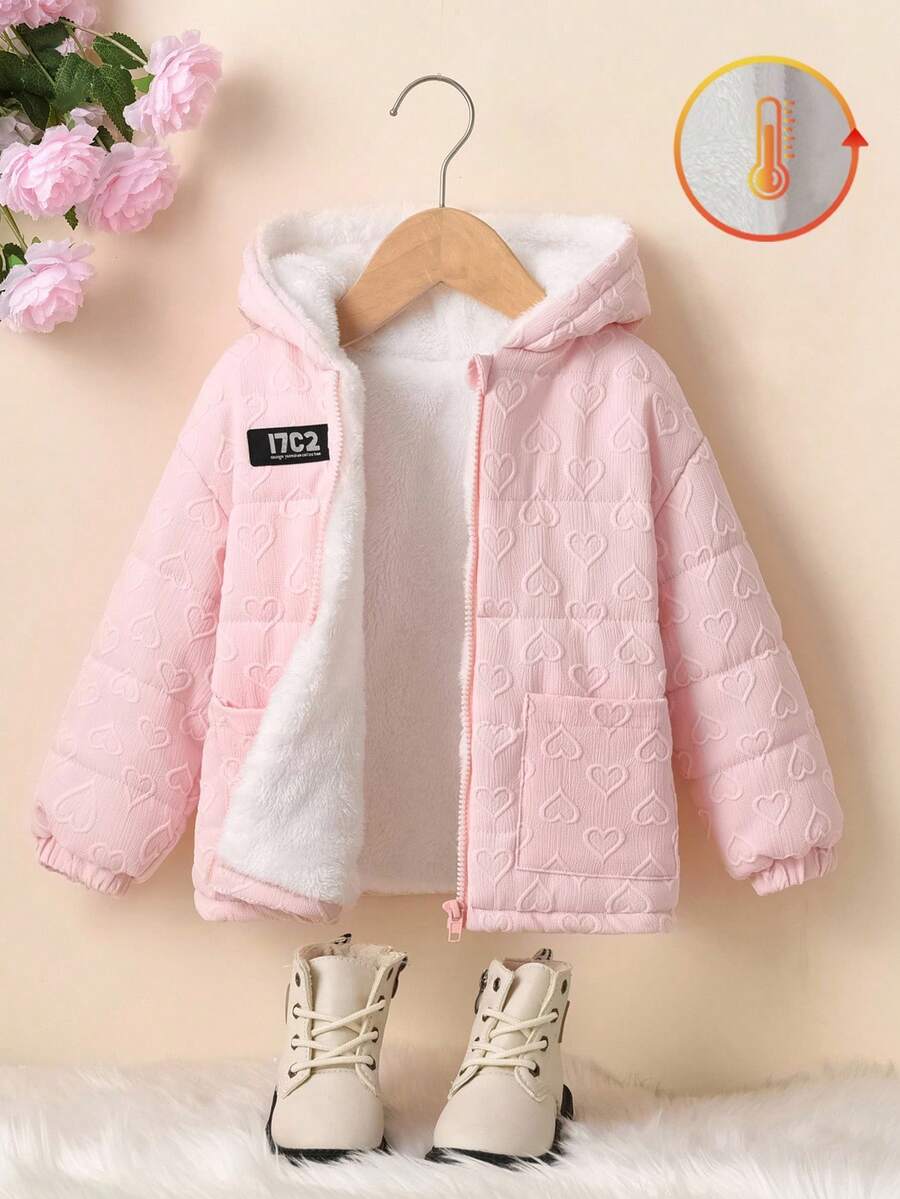 SHEIN 年轻女孩心形印花连帽棉服外套 - 粉色 - 查看 1