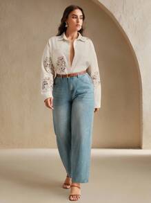 Anewsta 女式奢华刺绣水钻装饰白色牛仔夹克 - 杏色 - 查看 4