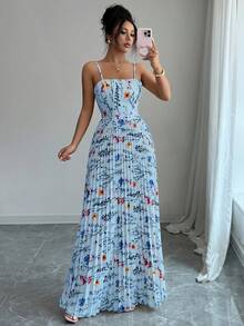 Elenzga Váy yếm xếp ly họa tiết hoa thanh lịch dành cho nữ - Màu xanh lam - Xem 3