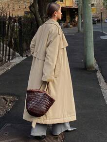 DAZY 女式夹棉大衣，风衣款式，腰部收紧，宽松休闲，都市时尚，秋冬 - 卡其色 - 查看 1