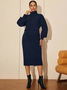 MaterniWear Maternity Work Clothes,Maternity Work Outfits, Maternity Work Knit Dresses ,Office,Business Casual Woman,Fall Clothes,Autumn Clothes,Maternity Autumn Clothes Maternity Maternity Solid Color Turtleneck Knit Dress, Autumn/Winter Maternity Sweater Dress Knit Maternity Dress Ribbed Knit Dress Turtleneck Sweater Dress Midi Sweater Dress - Navy Blue - View 4