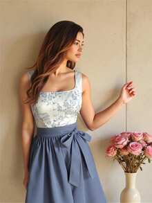 Fairmaia Traditional German Elegant Vintage Jacquard Patchwork Women Dress German Traditional Women Floral Square Neck Sleeveless Dirndl Dress, For Oktober Dirndl, Halloween