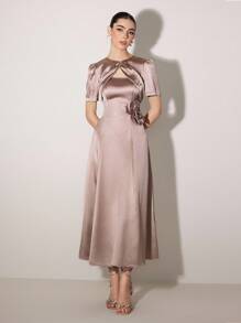 Modelyn Women's Solid Color 3D Floral Decor Elegant Mid-Length Dress