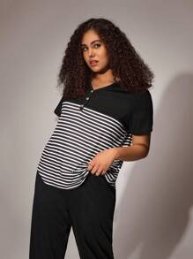 SHEIN Plus Size Women Casual Color Block Stripe Decor Button Comfort Short Sleeve Pullover Top & Pants Homewear Pajama Set, Outfits - Black - View 4