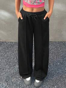 Coolane Kids 青少年女孩纯色前系带休闲长裤，黑色阔腿运动裤 - 黑色 - 查看 3