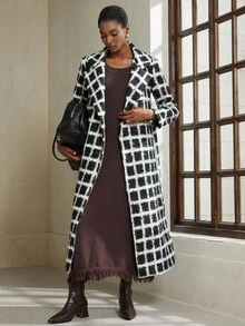 Aveloria Modichic Fashionable & Elegant Loose Plaid Woolen Coat, British Style Runway Look, Women Autumn/Winter Jacket - Black and White - View 5