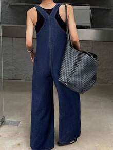 SHEIN 少女休闲深蓝色牛仔背带裤 - 深色水洗藍 - 查看 3
