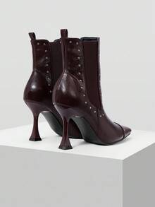 MOTF WOMEN'S FASHION BURGUNDY ELEGANT PERSONALIZED METAL BUCKLE HIGH HEEL BOOTS, POINTED TOE ANKLE BOOTS FOR CHRISTMAS - Brown - View 8