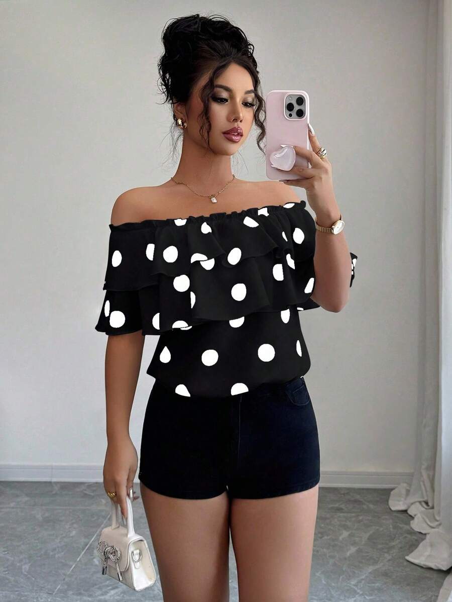 Selianne Women's Ruffled Polka Dot Off Shoulder Fashion Blouse - Multicolor - View 1