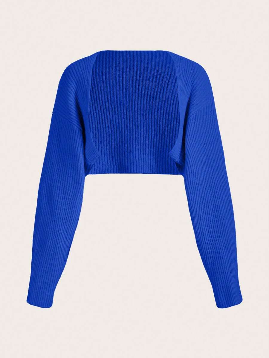 EURMUSE Y2K Grunge Drop Shoulder Open Front Crop Cardigan Without Tube Top - Blue - View 1