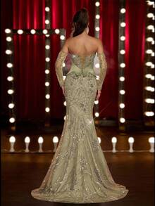 Glamrae Elegant Luxurious Green Off Shoulder Sheer Long Sleeve Mermaid Maxi Dress,Heavily Embellished Gown For Weddings,Parties,Galas,Formal Events - Grass Green - View 5