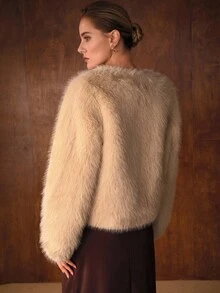 MOTF PREMIUM 女士仿皮草衬里保暖大衣，秋冬 - 駝色 - 查看 4