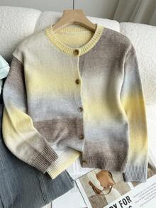 Minimalist Fashion Gradient Yarn Crew Neck Long Sleeve Knit Cardigan - Yellow - View 3