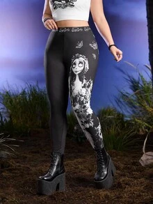 Corpse Bride X SHEIN Y2K Plus Size Elastic Letter & Cartoon Figure Graphic Leggings Black High-Elastic Versatile Leggings  Fall Halloween Costumes Going Out Tops For Women Plus Size Leggings Corpse Bride Leggings Tights - Black - View 3