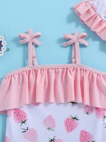 SHEIN Babygirl 夏季可爱草莓图案荷叶边细肩带连体泳衣（带帽） - 粉色 - 查看 8