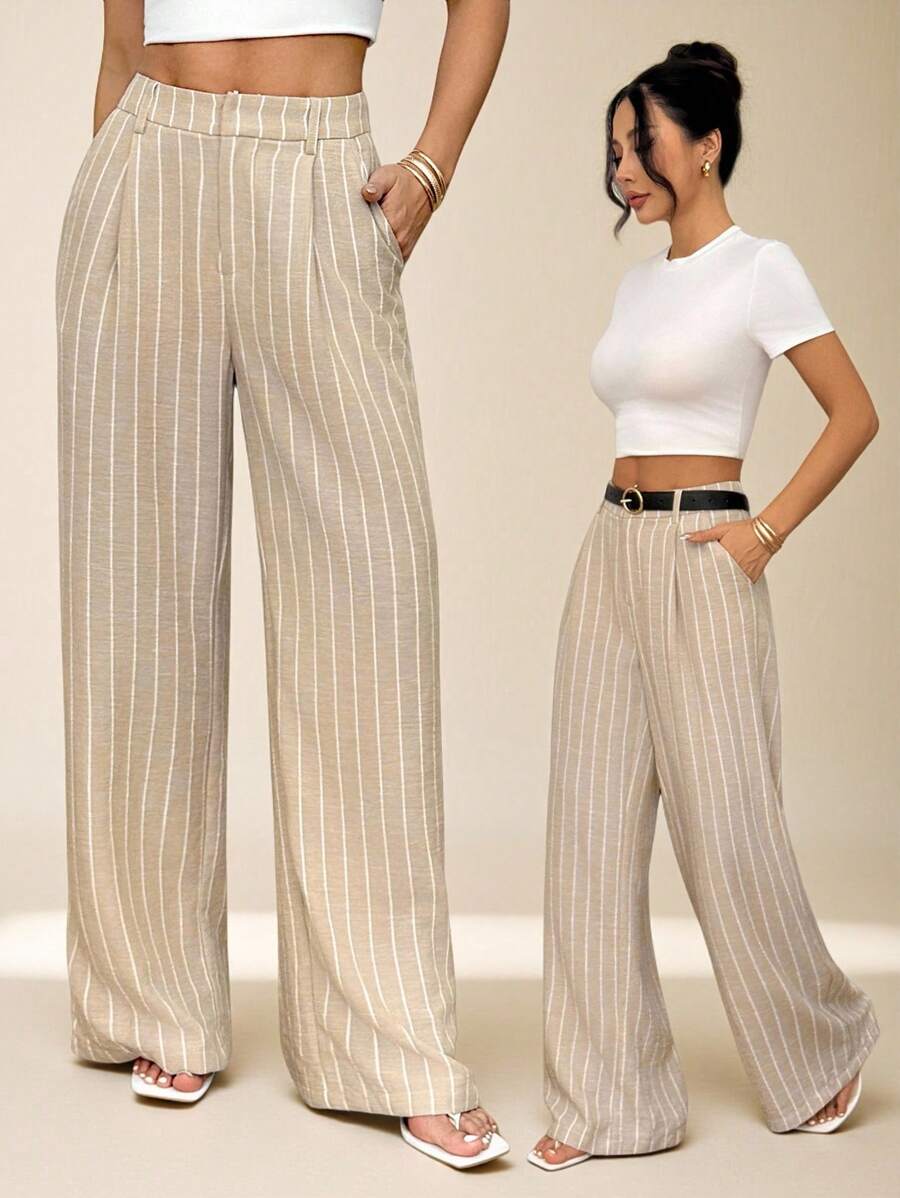 SHEIN PETITE 女士条纹长裤夏威夷女士办公室女士西装裤女士家居舒适裤两件套女士秋冬套装女士 - 卡其色 - 查看 1