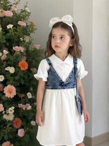 Young Girl Denim Camisole Top And Solid Color Bubble Hem Casual Dress Set With Bag - White - View 5