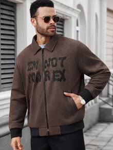 Manfinity Homme Plus Size Men's Letter Print Zip-Up Street Style Jacket, Autumn Mens Mocha Bomber Jacket Men Zip Up Jacket Men Graphic Jacket Brown Jacket Men Fleece - Brown - View 1