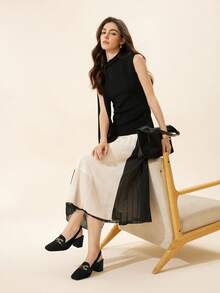 CUCCOO BASICS 女士时尚黑色针织金属扣后带粗跟方头露跟浅口鞋，适合通勤、约会、派对、度假 - 黑色 - 查看 4