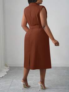 Slaydiva 2025 Neue Frühling/Sommer Damen Große Größen Elegantes Pendler/Date/Büro Figurbetontes Einfarbiges Hellkhaki Gekerbter Kragen Doppelreihiger Gürtel Midi Kleid - B