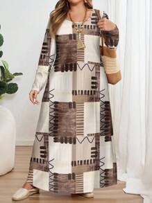 Mellowie Gaun Longgar Lengan Panjang Motif Kotak-kotak Ukuran Plus, Cocok untuk Musim Gugur/Dingin, Chic, Normal, Elegan, Menonjolkan Bentuk Tubuh, Kencan, Kantor, Warna Cokelat - MultiWarna - View 4