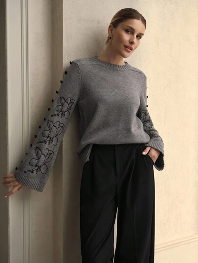 ZEYLAH Women's Casual Floral Embroidery Button Decor Flare Sleeve Loose Knit Sweater, Fall /Winter Clothes